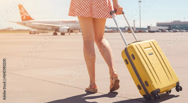 Obraz Woman walking with a yellow suitcase towards a plane on the runway stock image