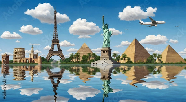 Obraz Global Landmarks Reflection with Airplane and Clouds stock image
