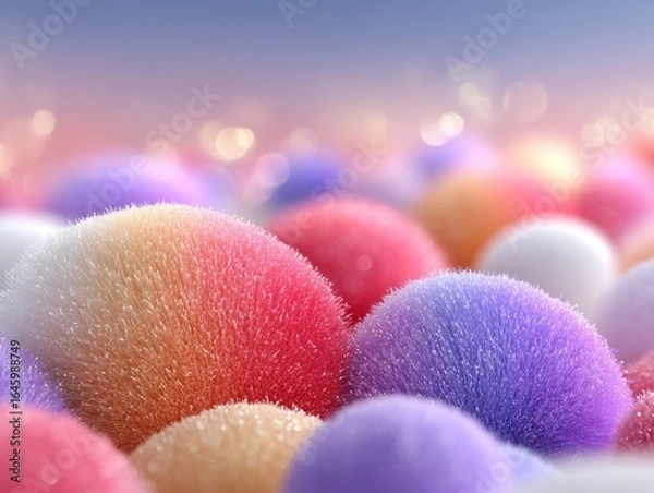 Fototapeta Closeup of fluffy, colorful spheres with a soft bokeh background, evoking a sense of magic and celebration
