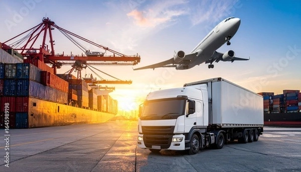 Obraz Multimodal logistics scene with cargo ship, truck, shipping containers, and airplane, illustrating global transportation and trade.