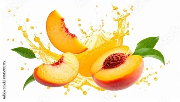 Obraz Fresh peaches and peach juice with splashes, slices, and leaves