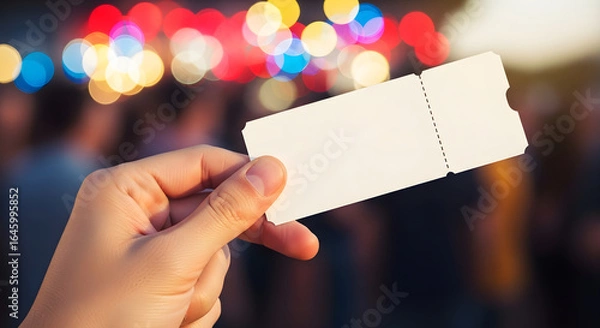 Fototapeta Hand holding a blank ticket against bokeh background