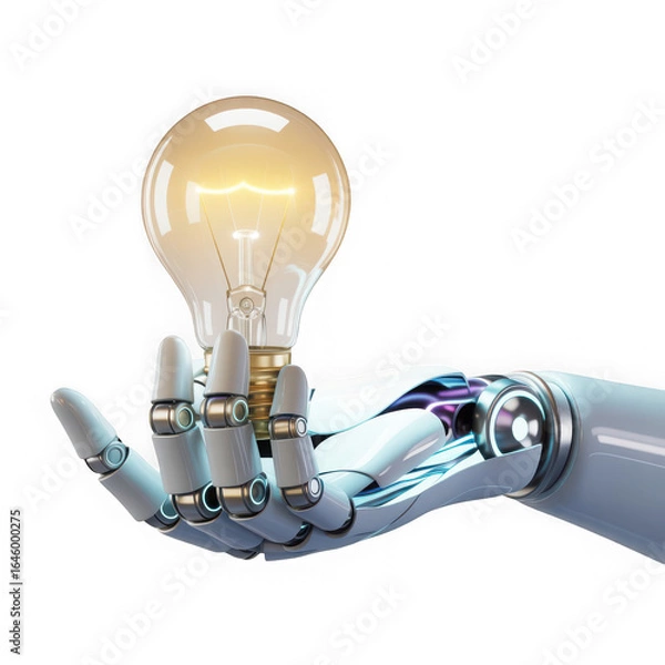 Fototapeta Ai robot hand holding lightbulb isolated on white and transparent backgroun.