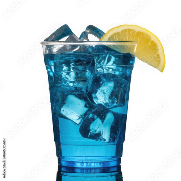 Fototapeta Blue drink in a plastic with full ice cup isolated on a white and transparent background.