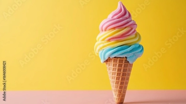 Fototapeta Colorful Ice Cream Cone with Swirled Toppings on Bright Yellow Background