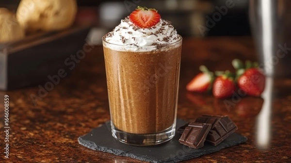 Fototapeta Creamy Chocolate Smoothie with Strawberry and Whipped Cream Topping