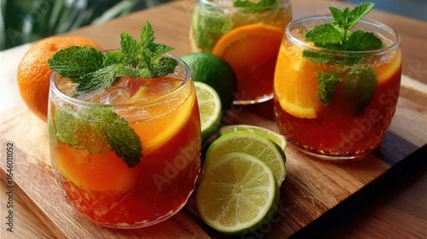 Fototapeta a couple of glasses of fruity drinks on a cutting board