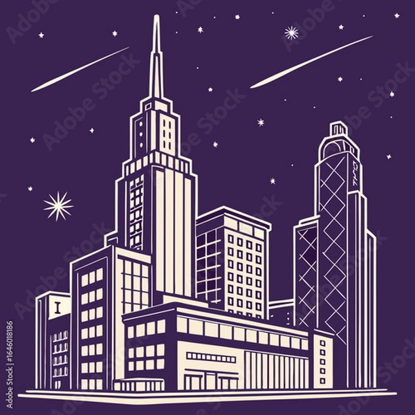 Obraz Retro art deco city skyline at night, a vector illustration of a metropolis with skyscrapers under a starry sky with shooting stars.