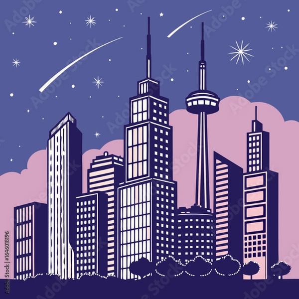 Obraz Stylized graphic illustration of a modern city skyline at night under a starry sky with shooting stars