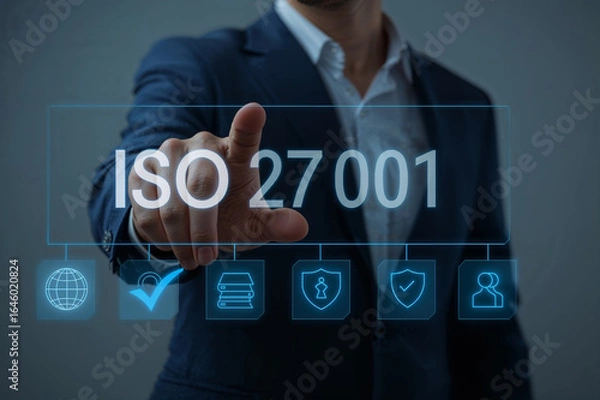 Fototapeta Business professional points to iso 27001 certification with security icons
