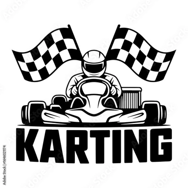 Fototapeta Go kart driver with checkered flags and text racing helmet