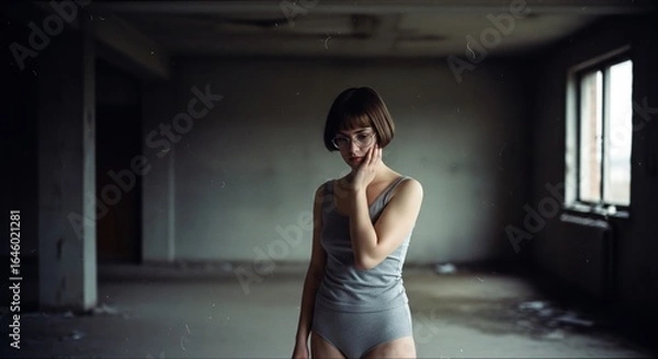 Fototapeta Young thoughtful woman with short haircut and glasses, wearing gray underwear, posing in abandoned building, reflecting on past and future, captured in moody, atmospheric light .