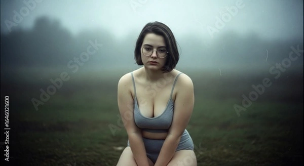Fototapeta A melancholic woman with glasses sits in a foggy field, wearing a gray bra and panties, her gaze cast downward, conveying a sense of contemplation and introspection in a natural setting .