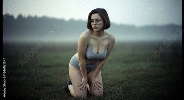 Fototapeta A young woman with glasses kneels in a foggy field, evoking a sense of introspection and natural beauty in a serene outdoor setting .