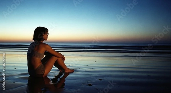 Fototapeta Silhouette of a young woman with short hair sitting on a wet beach at sunset, enjoying the tranquil scenery, wearing glasses and a swimsuit, with soft lighting and reflections on the water .