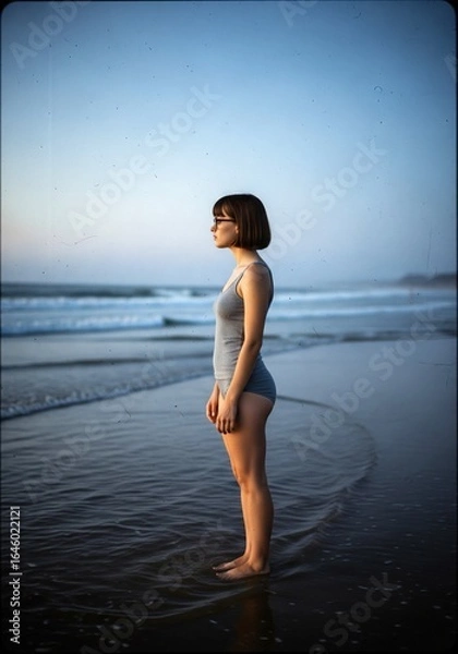 Fototapeta A serene side view of a young woman with short brown hair and glasses standing on a beach, lost in thought as gentle waves lap at her feet during the tranquil twilight hour .