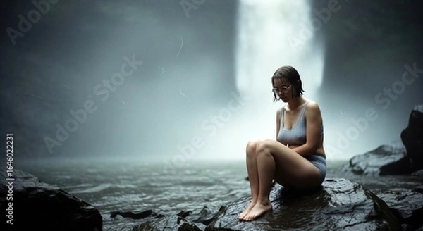 Fototapeta A woman in a swimsuit sits on a rock near a waterfall, looking down with a sad expression, perhaps reflecting on life's challenges and seeking solace in nature's beauty .