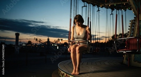 Fototapeta Pensive woman in glasses sits on a carousel swing at dusk, contemplating life amidst the fading light and distant amusement park attractions, creating a poignant moment of reflection .