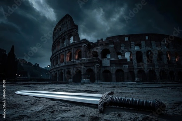 Fototapeta A dramatic sword lies on the ground in front of the Roman Colosseum under a moody, cloudy night sky