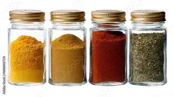 Fototapeta Vibrant spice rack display, glass jars filled with colorful, aromatic ingredients for culinary creations