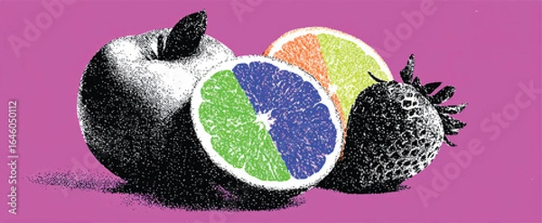 Fototapeta Abstract Fruit Still Life in Halftone with Apple Orange Strawberry and Segmented Citrus on a Purple Background Artistic Presentation