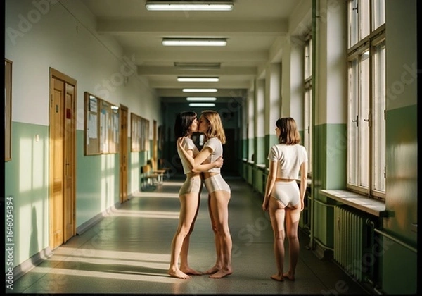 Fototapeta In a sunlit hallway, two young women in simple attire embrace in a kiss, while a third stands nearby, creating a moment of quiet intimacy and contemplation in the architectural setting .