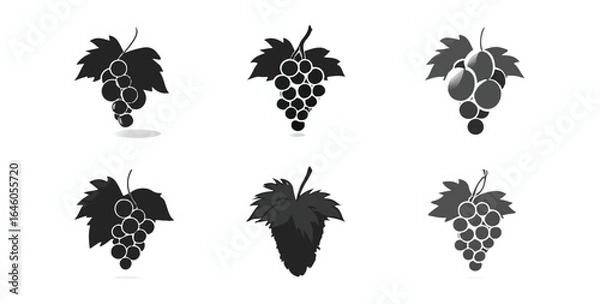 Fototapeta Assorted Grape Bunch Vector Icons Set in Black and White Representing Various Styles of Visual Design on an Isolated White Background