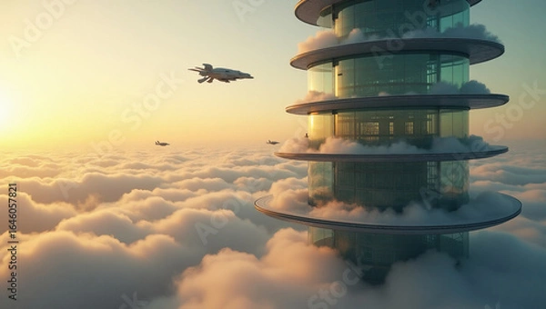 Fototapeta Floating glass spiral tower — ideal for futuristic architectural concepts, vertical city projects, or sustainable urbanism visions.