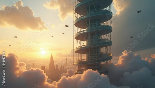 Fototapeta Floating glass spiral tower — ideal for futuristic architectural concepts, vertical city projects, or sustainable urbanism visions.