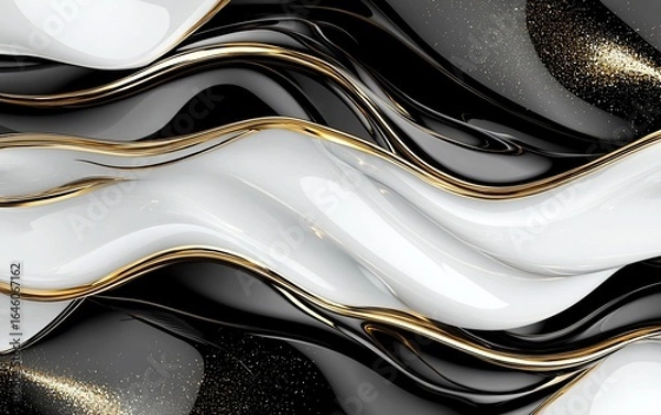 Fototapeta Abstract Black, White, and Gold Fluid Design with Sparkling Accents