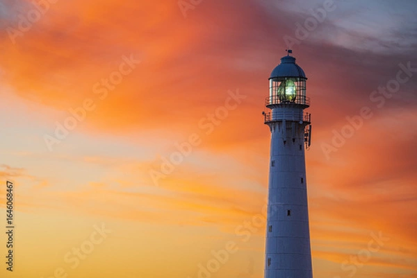 Fototapeta Scenic lighthouse at sunset with warm golden light, dramatic clouds, and a tranquil ocean horizon. Perfect for travel, tourism, and maritime themes, with ample copy space for text placement. Ideal as 