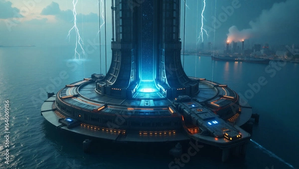Fototapeta Floating Energy Tower — massive futuristic structure over the ocean with glowing blue core, ideal for sci-fi concept art, clean energy projects, or sustainable city visions.