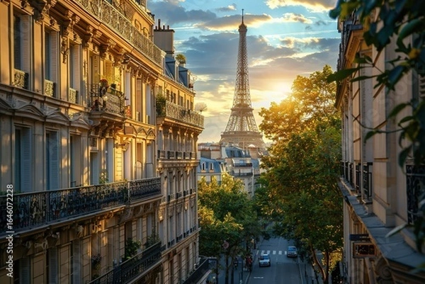 Obraz Parisian street view eiffel tower sunset