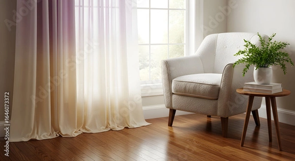 Fototapeta Cozy Reading Nook with Ombre Curtains, White Armchair, small round wooden side table with books and a potted plant, set against a backdrop of warm wooden floors and large windows