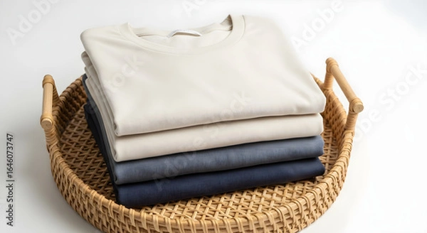 Fototapeta Folded t-shirts in a wicker basket on white table