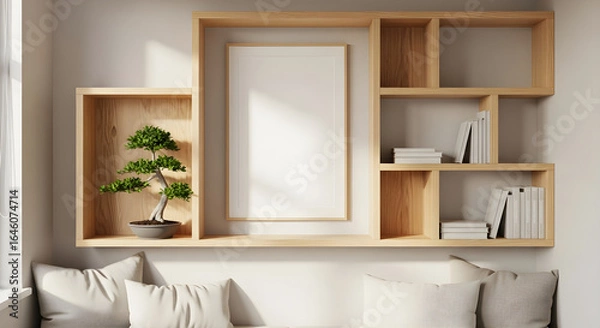 Fototapeta Interior with empty frame and bonsai tree