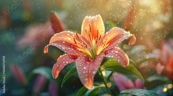 Fototapeta A close-up of a lily with morning dew