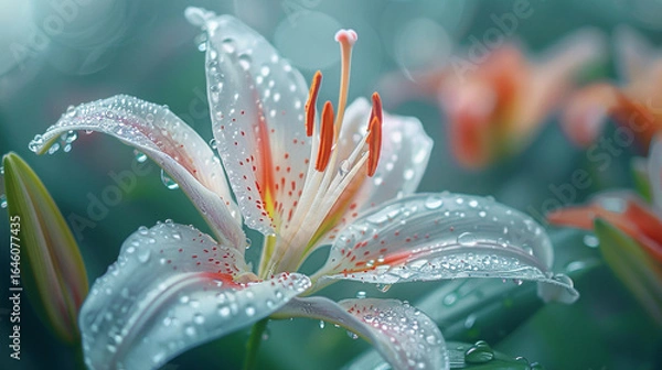 Fototapeta A close-up of a lily with morning dew