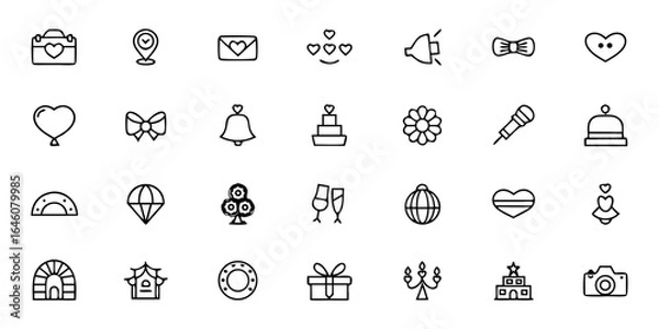 Fototapeta Modern Wedding & Reception Line Art Vector Icons — Invitations, Dining, Music, Dance, Photography & Celebration Symbols for Event Planners and Wedding Branding

