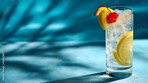 Fototapeta Refreshing cocktail with lemon & cherry garnish, on blue table with palm shadow, for summer advertisement
