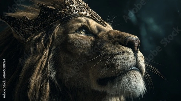 Fototapeta Regal lion wearing crown gazing upwards with dark misty background, ideal for fantasy