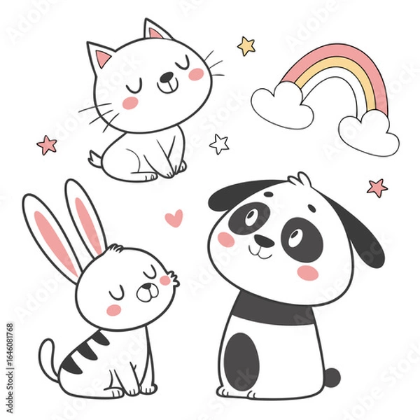 Obraz Charming collection of adorable cartoon animal illustrations, featuring a cute cat, peaceful panda, sweet bunny, and friendly dog, ideal for playful themes.