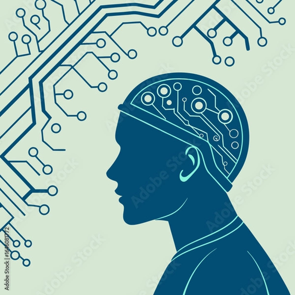Obraz Vector illustration of a female engineer working on a computer against a backdrop of electronic circuits and data pathways.