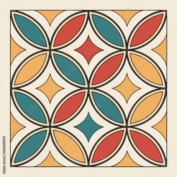 Obraz Geometric Pattern Featuring Interlocking Circles and Diamonds in a Retro Color Palette of Teal, Orange, and Yellow