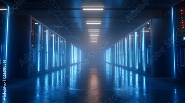 Fototapeta Server room hallway with neon blue lights, servers, and a misty background; data storage