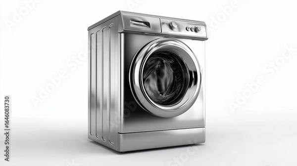 Fototapeta Shiny metal washing machine on white background for cleaning and laundry use