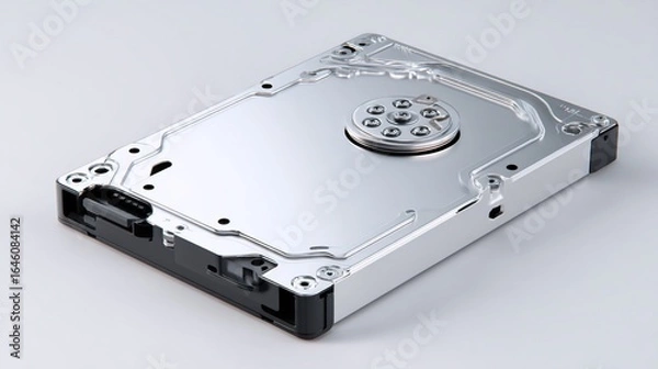 Fototapeta Shiny hard drive, detail shot on white, data storage for computer, tech concept