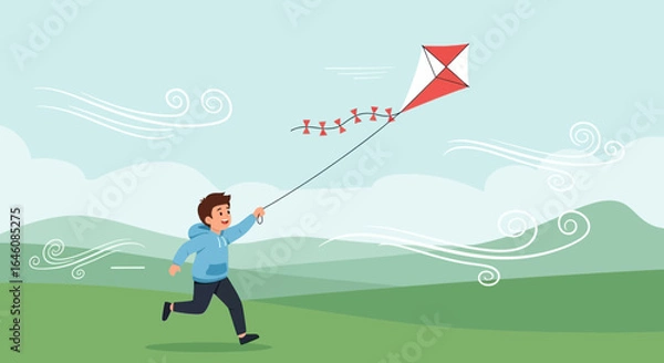 Fototapeta Cheerful boy running with kite on wind day, symbolizes joy and outdoor activity in nature