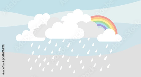 Fototapeta Cheerful weather scene with clouds rain and rainbow creating a peaceful and happy atmosphere