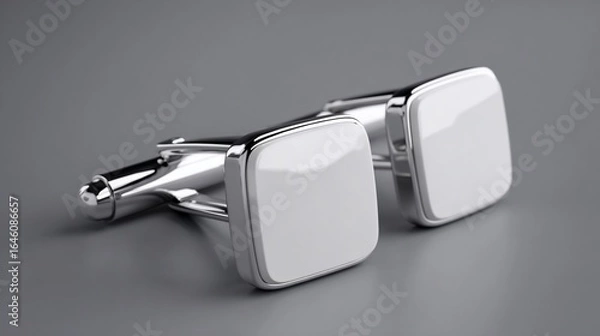 Fototapeta Silver cufflinks display on a gray background, ready for use as a stylish accessory